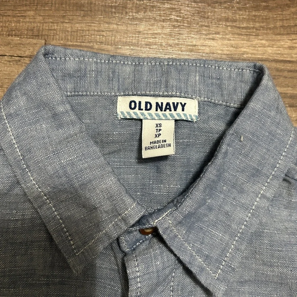Old Navy Button Up Shirt Kids XS 5 Blue Linen Cotton Short Sleeve Chambray